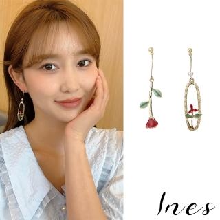 【INES】韓國設計不對稱氣質優雅玫瑰花朵造型夾式耳環(無耳洞耳環 耳夾 夾式耳環)