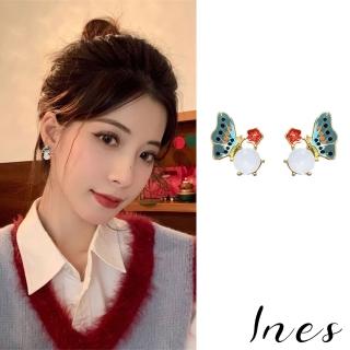 【INES】韓國設計法式油畫釉彩蝴蝶蛋白石造型夾式耳環(無耳洞耳環 耳夾 夾式耳環)