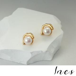【INES】韓國設計S925銀針氣質金屬線條正圓珍珠造型耳環(S925銀針耳環 金屬耳環 珍珠耳環)