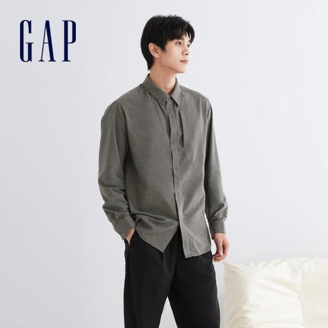 【GAP】男裝 Logo純棉翻領長袖襯衫-深灰色(840768)