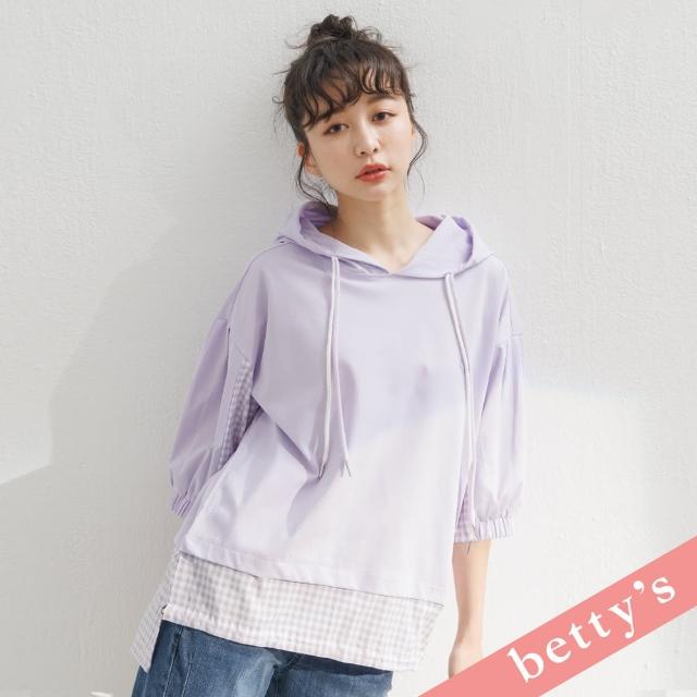 【betty’s 貝蒂思】雙色抽繩格紋拼接連帽T-shirt(淺紫色)