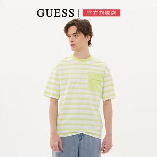 【GUESS】男裝-經典條紋口袋短T(綠)