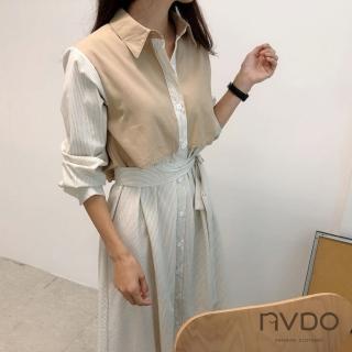 【NVDO】春季預購 氣質細條紋收腰假兩件連衣裙-2色可選(M-XL/長袖洋裝/F087)