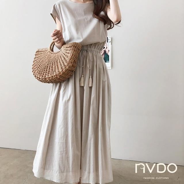 【NVDO】流蘇抽繩收腰寬鬆棉麻連衣裙-4色可選(M-XL/無袖連衣裙/F084)