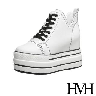 【HMH】經典撞色車線V口時尚厚底內增高休閒鞋(白)