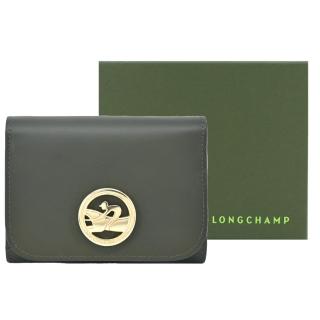 【LONGCHAMP】BOX-TROT系列小牛皮金屬LOGO三折短夾(卡其綠)