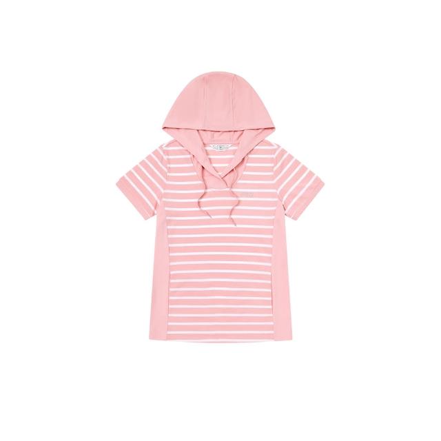 【FILA官方直營】女吸濕排汗短袖條紋連帽T恤-粉色(5TEY-1721-PK)