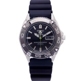 【SEIKO 精工】五號sport機械日本版競速款橡膠材質錶帶手錶-黑面x黑框/40mm(SNZB23J2)