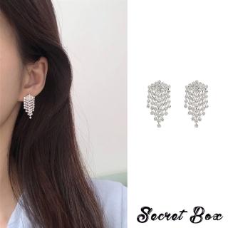 【SECRET BOX】韓國設計S925銀針簡約優雅華麗水鑽流蘇耳環(S925銀針耳環 水鑽耳環 流蘇耳環)