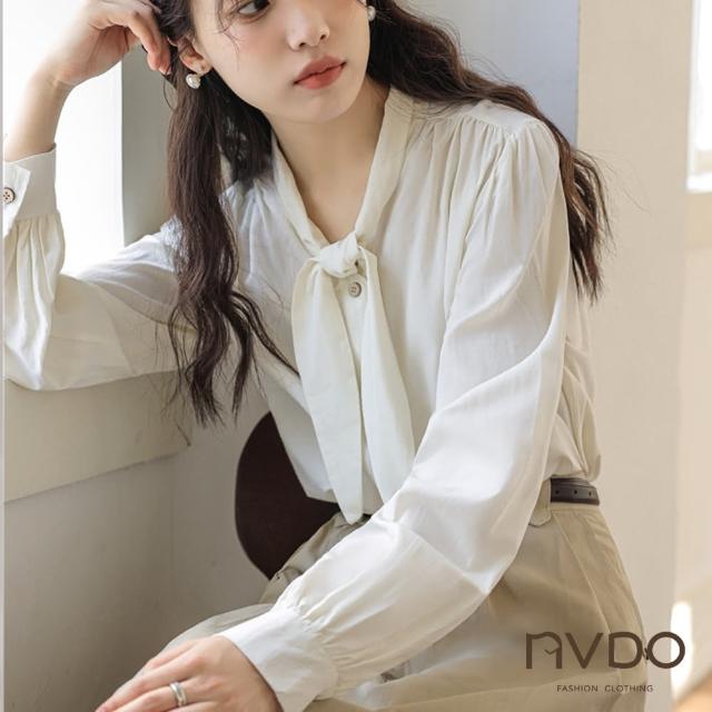 【NVDO】換季出清 氣質領結輕薄長袖上衣-2色可選(M-L/棉麻上衣/F109)