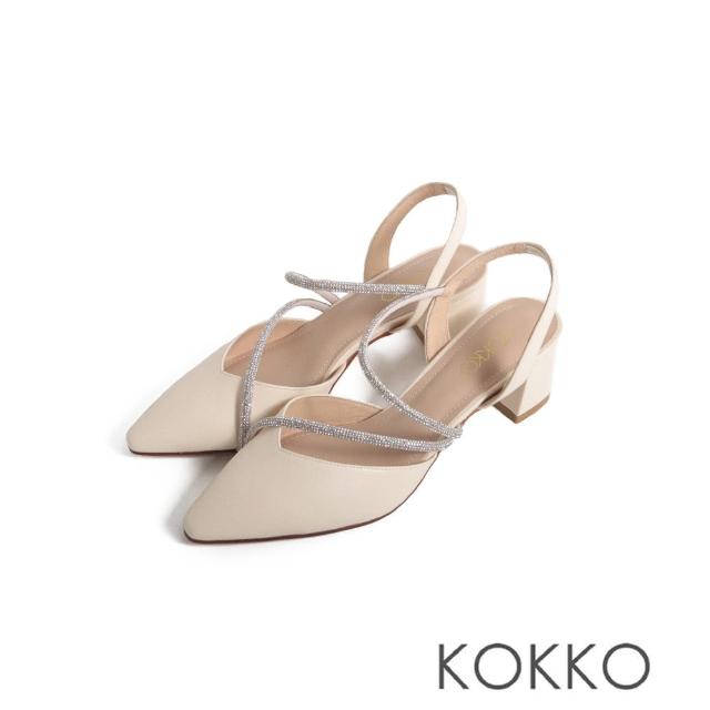 【KOKKO 集團】動人閃耀水鑽後拉帶粗跟鞋(白色)