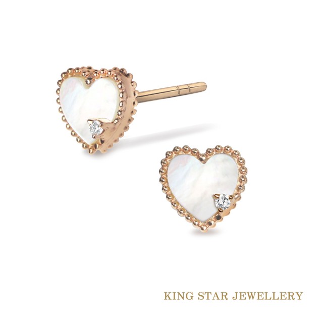 【King Star】18K玫瑰金天然鑽石耳環 白母貝 愛心(無色等級天然鑽石)