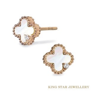 【King Star】18K玫瑰金天然鑽石耳環 白母貝 幸運草(無色等級天然鑽石)