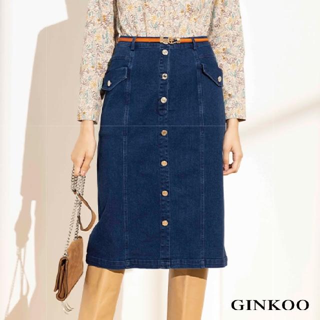 【GINKOO 俊克】前口袋排飾釦牛仔窄裙