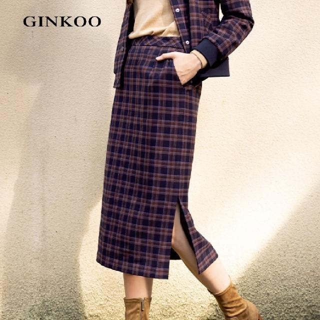 【GINKOO 俊克】側開衩英倫格紋長裙