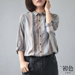 【初色】日系棉麻風復古直條紋長袖襯衫上衣女上衣-藍色-32645(M-2XL可選)