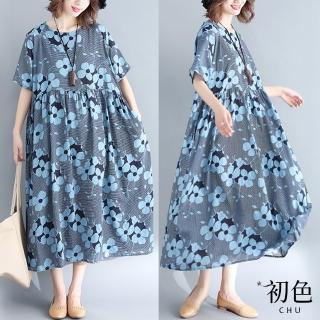 【初色】寬鬆中大碼五分短袖圓領碎花連衣裙連身洋裝長洋裝-藍色-32653(F可選)