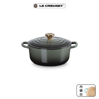 【Le Creuset】典藏琺瑯鑄鐵鍋圓鍋 18cm(百里香綠-金頭-內鍋白)