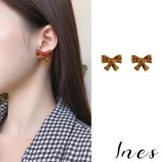 【INES】韓國設計復古琥珀色蝴蝶結造型夾式耳環(無耳洞耳環 耳夾 夾式耳環 琥珀色耳環 蝴蝶結耳環)
