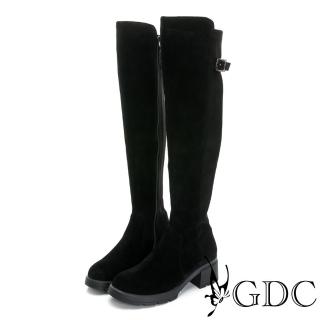 【GDC】時髦麂皮側釦飾經典圓頭膝上長靴-黑色(328584-00)
