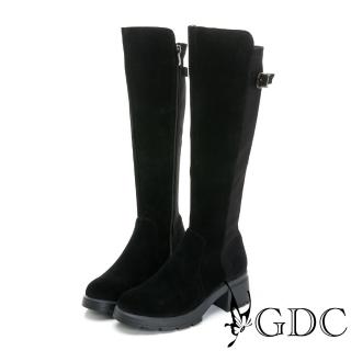 【GDC】麂皮側釦素色粗跟圓頭長靴-黑色(328583-00)