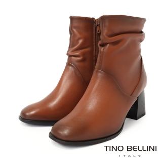 【TINO BELLINI 貝里尼】波士尼亞進口時尚抓皺粗高跟短靴FWOV025(焦糖)