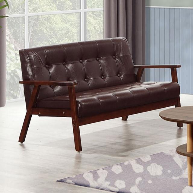 【BODEN】納森咖啡色皮革實木沙發雙人座/二人座沙發椅
