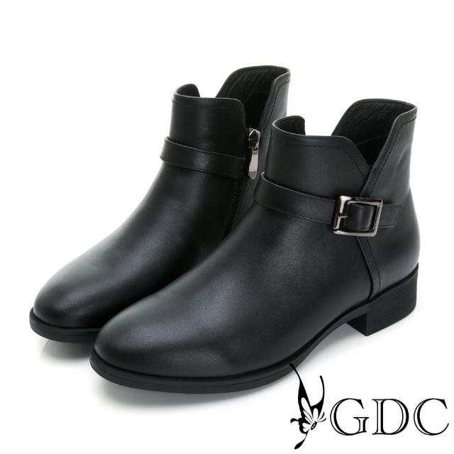 【GDC】真皮純色石紋側金屬方釦V開口設計低跟短靴-黑色(328690-00)