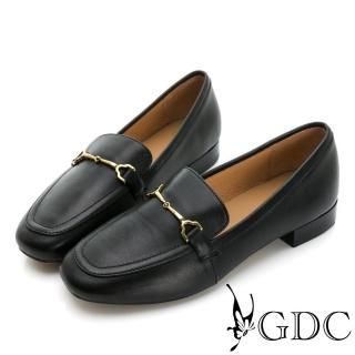 【GDC】真皮方頭平底舒適金屬釦樂福懶人鞋-黑色(324721-00)