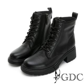 【GDC】真皮基本款百搭流行綁帶馬丁中筒短靴-黑色(228559-00)