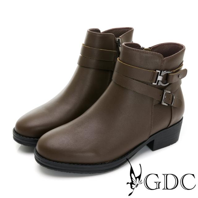 【GDC】真皮側釦環個性粗跟短靴-咖色(328593-12)
