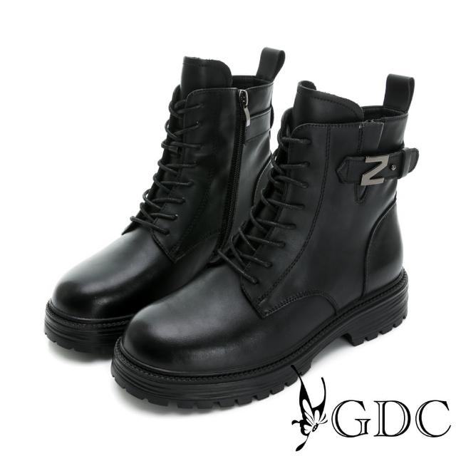 【GDC】真皮率性側Z釦綁帶厚底馬丁靴-黑色(328585-00)
