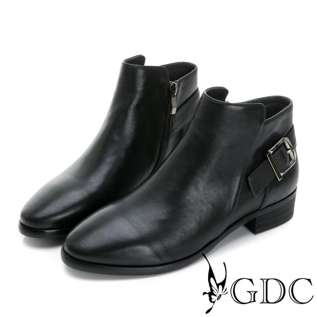 【GDC】真皮大方釦尖頭舒適低跟短靴-黑色(328597-00)