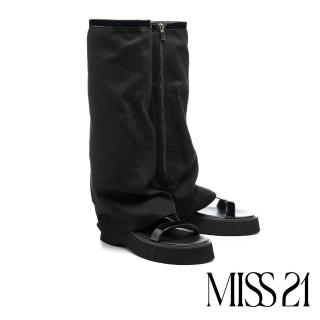【MISS 21】帥氣性格異材質拼接側拉鍊寬筒帆布襪套厚底羅馬涼鞋(黑)