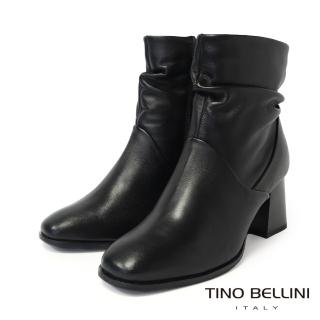 【TINO BELLINI 貝里尼】波士尼亞進口時尚抓皺粗高跟短靴FWOV025(黑色)