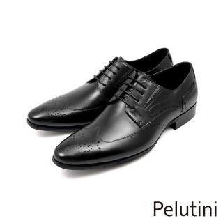 【Pelutini】經典設計翼紋小雕花綁帶德比鞋 黑色(311021-BL)