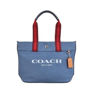 【COACH】COACH 刺繡LOGO條紋撞色提把設計帆布釦式手提包(小/牛仔藍x酒紅x紅)