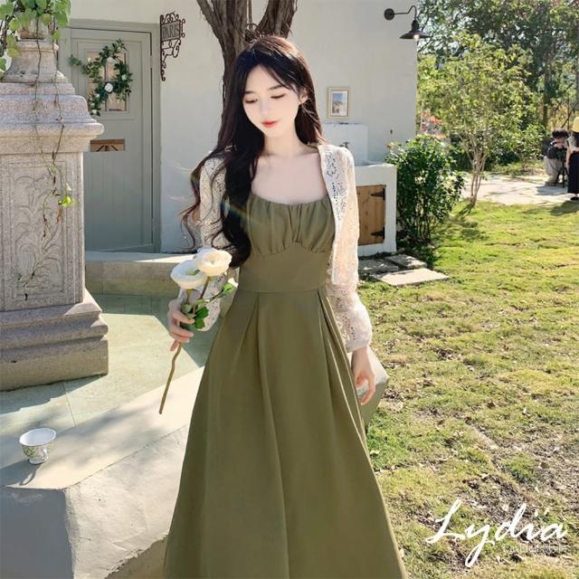 【Lydia】現貨 休閒套裝 兩件式套裝 洋裝套裝 背心裙+鏤空罩衫(綠+米白 Free)