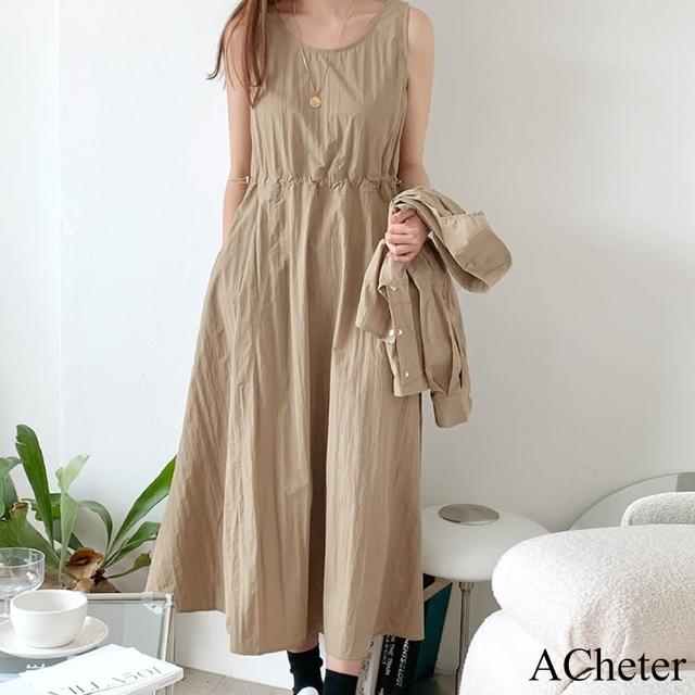 【ACheter】無袖背心長裙收腰連身裙+短款長袖襯衫兩件式套裝#120729(黑/卡其)