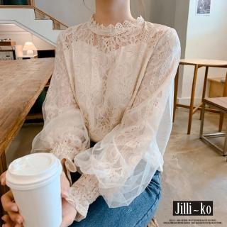 【JILLI-KO】韓版氣質寬鬆網紗蕾絲燈籠袖上衣-F(白)
