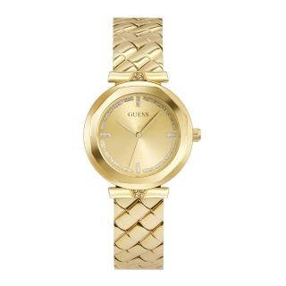 【GUESS】金色系 晶鑽簡約錶盤 絎縫造型不鏽鋼錶帶 手錶 女錶 情人節(GW0613L2)