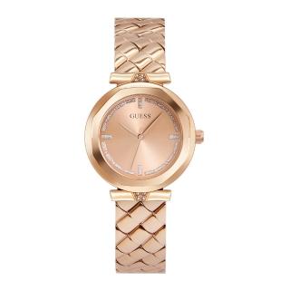 【GUESS】玫瑰金色系 晶鑽簡約錶盤 絎縫造型不鏽鋼錶帶 手錶 女錶 情人節(GW0613L3)
