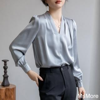 【MsMore】韓版百搭V領緞面修身長袖襯衫款短版上衣#120629(白/粉/藍)