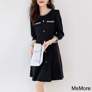 【MsMore】小香風拼接圓領長袖氣質收腰顯瘦連身裙中長版洋裝#120767(黑)