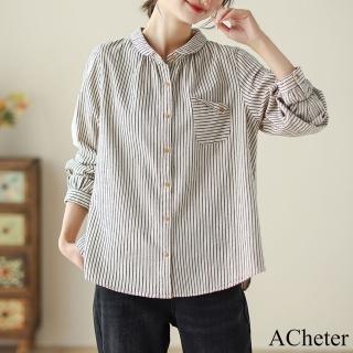 【ACheter】復古棉麻感長袖襯衫條紋原創文藝短版上衣#120645(白/黑)