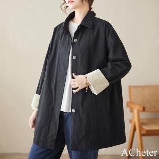 【ACheter】韓版中性設計感帥氣Polo翻領捲邊長袖外套中長款風衣#120715(黑/卡其/綠)