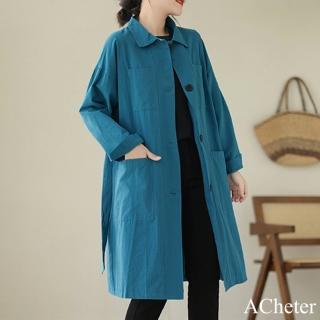 【ACheter】棉中長款長袖風衣純色翻領單排扣文藝寬鬆時尚外套#120720(黑/黃/藍)