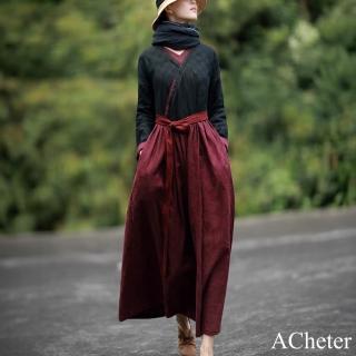 【ACheter】連身裙棉麻感緹花復古文藝顯瘦氣質長袖洋裝#120798(黑)
