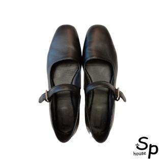 【Sp house】法式氣質少女感一字扣帶平底休閒鞋(黑色)