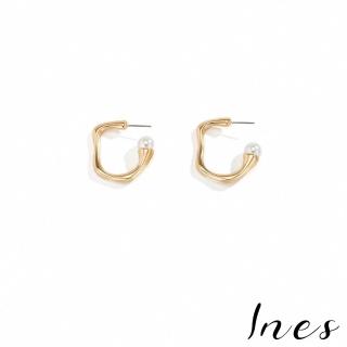 【INES】韓國設計抽象曲線珍珠C圈造型耳環(曲線耳環 珍珠耳環 C圈耳環)